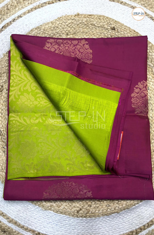 Dark Pink & Lime Green Floral Boota Design Soft Silk Saree With Contrast Blouse and Plain Border &  Design Pallu