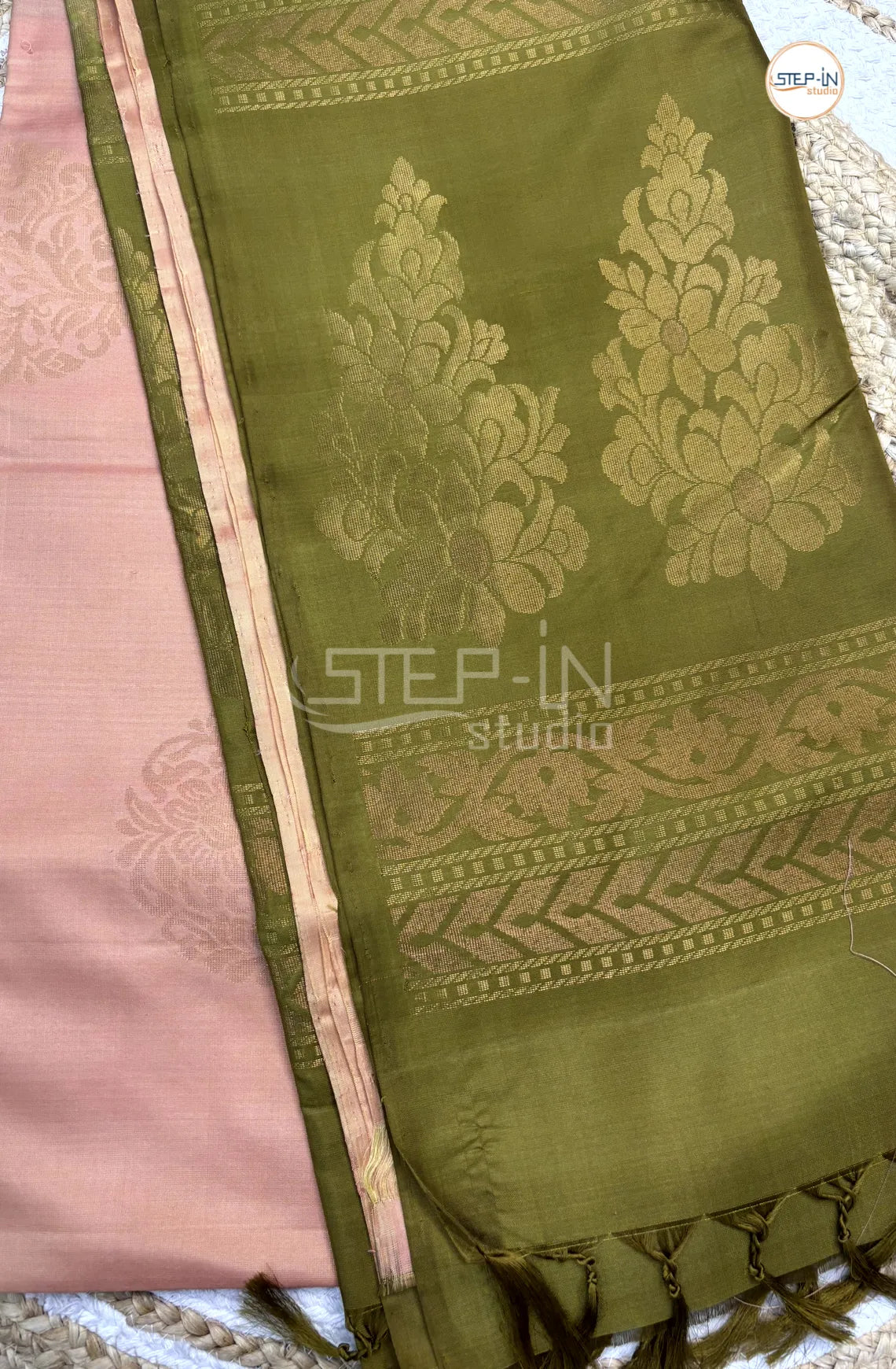 Ivory & Deep Saga Green Floral Motif Design Soft Silk Saree With Contrast Blouse and Plain Border & Design Pallu