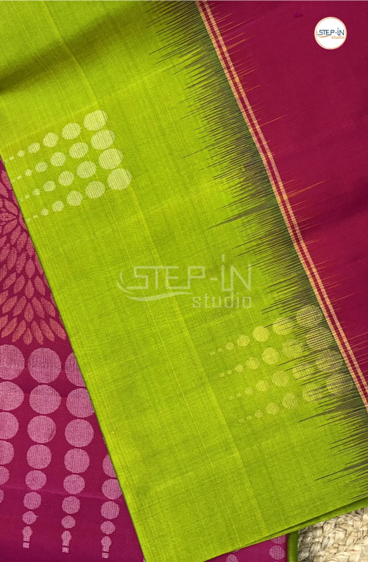 Jasmine Green & Dark Pink Floral Design Soft Silk Saree With Contrast Blouse and Plain Border & Design Pallu