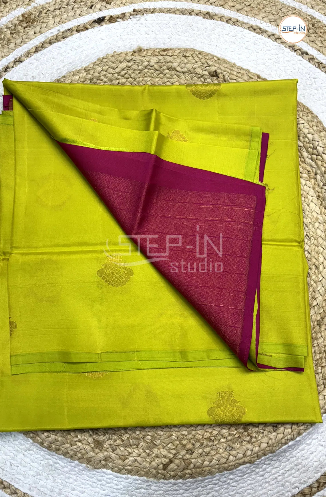 Lime Green & Dark Pink Floral Flower Design Soft Silk Saree With Contrast Blouse and Plain Border & Jaal Design Pallu
