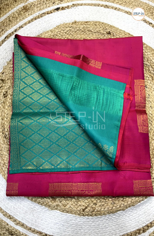 Rose Pink & Sea Green Floral Square Design Soft Silk Saree With Contrast Blouse and Plain Border & Flower Design Pallu