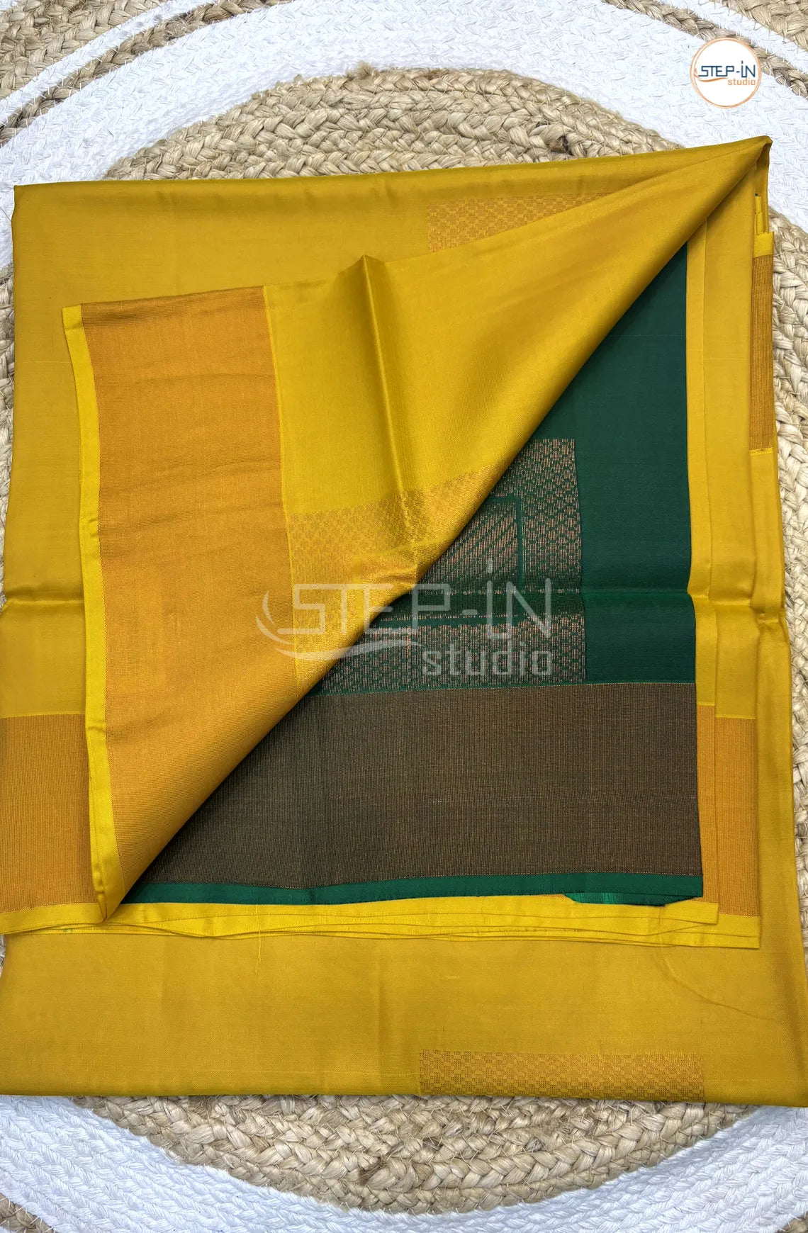 Yellow & Green  Floral Square Design Soft Silk Saree With Contrast Blouse and Gold Border & Square Design Pallu