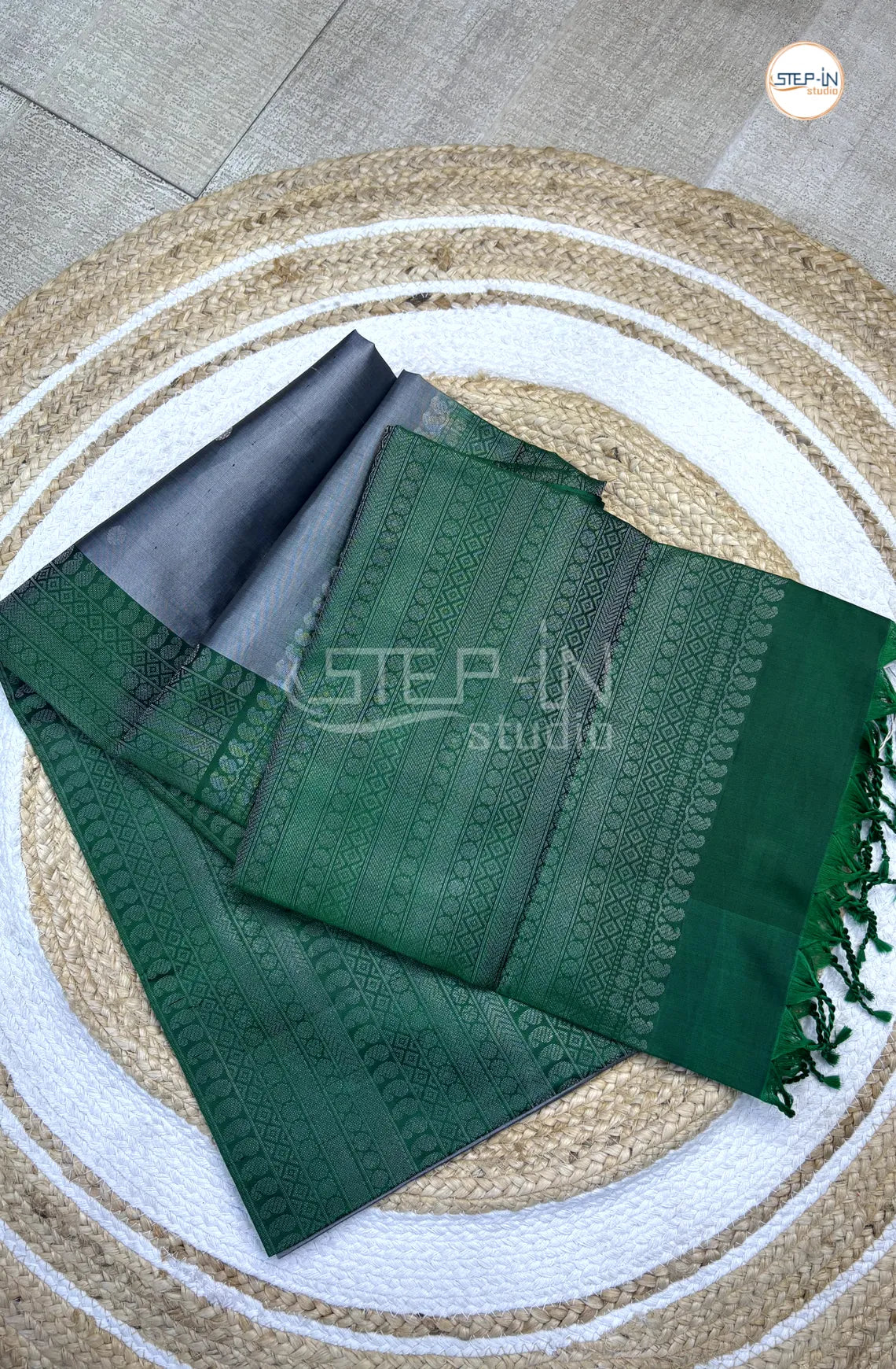 Grey & Green Floral Mango Design Soft Silk Saree With Contrast Blouse and Intricate Zari Big Design Border & Mango Argyle Design Pallu