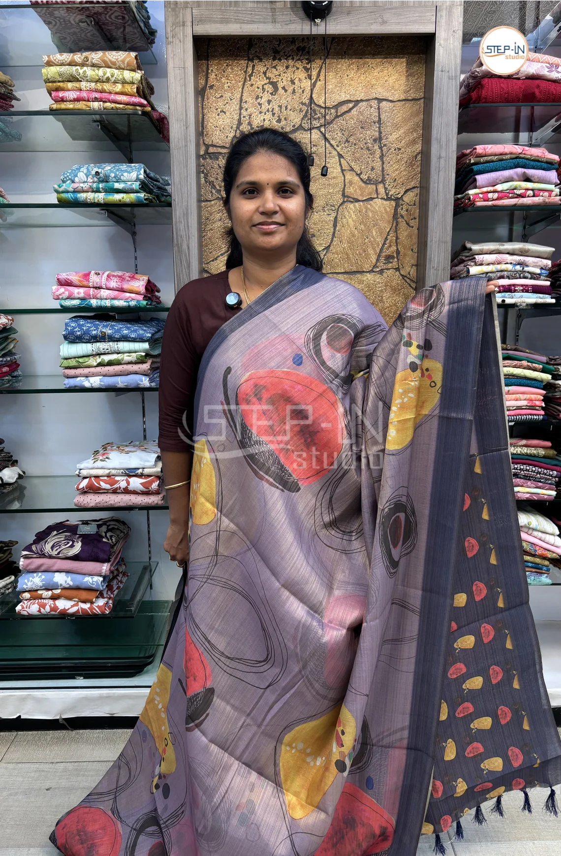 Abstract Printed Khadi Saree-Blue