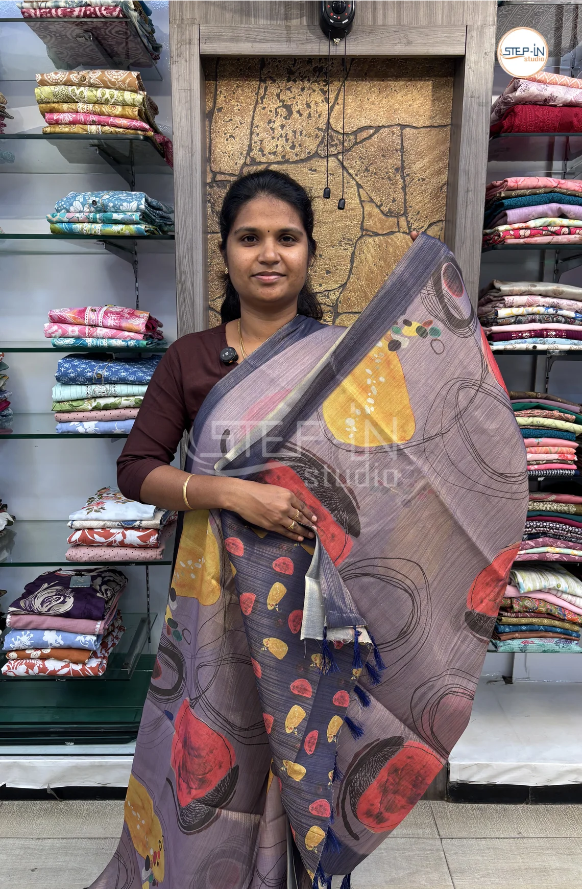 Abstract Printed Khadi Saree-Blue