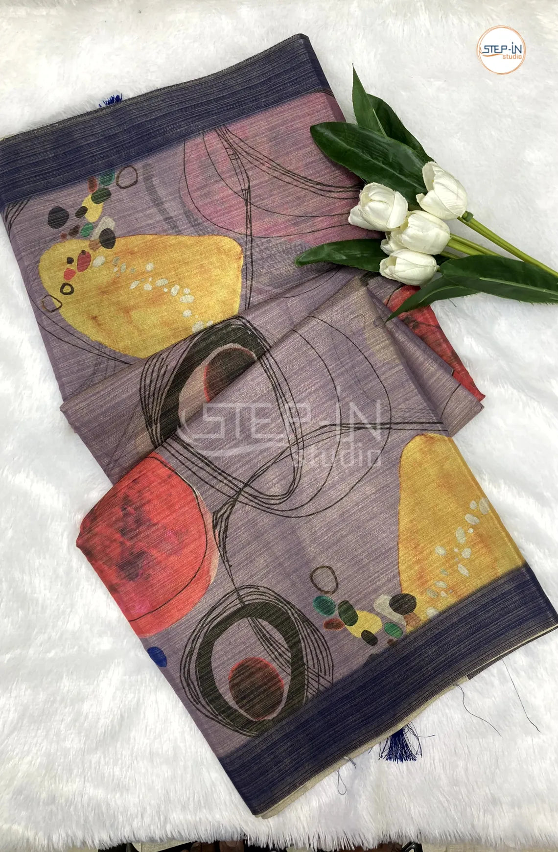 Abstract Printed Khadi Saree-Blue