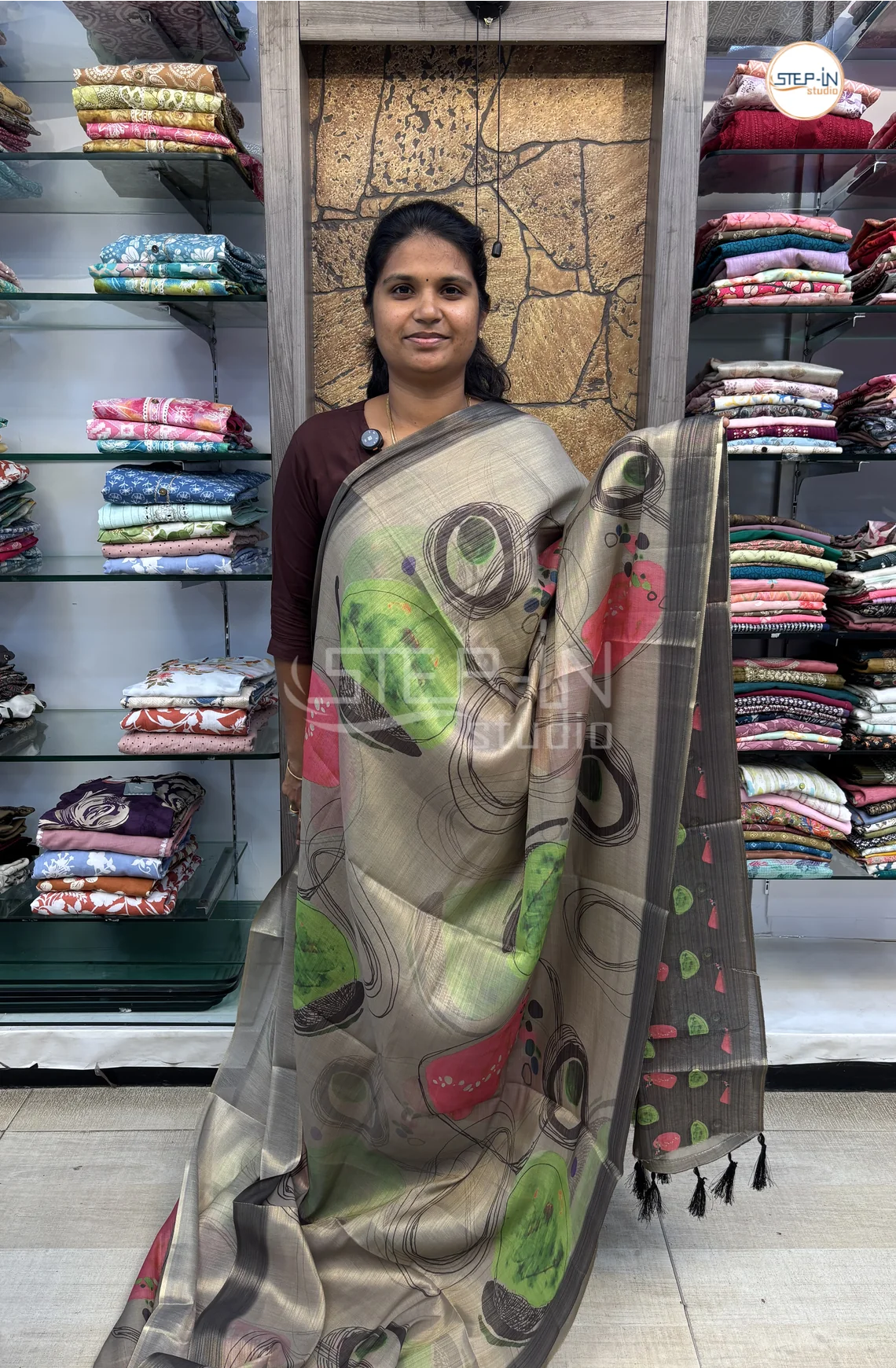 Abstract Printed Khadi Saree-Grey