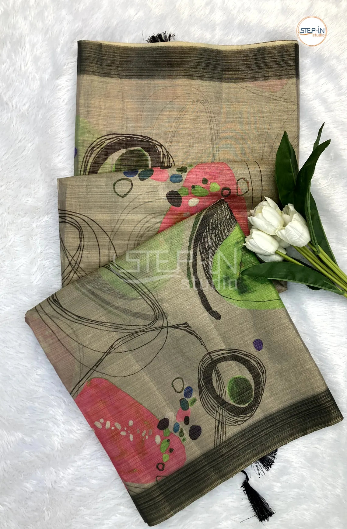 Abstract Printed Khadi Saree-Grey