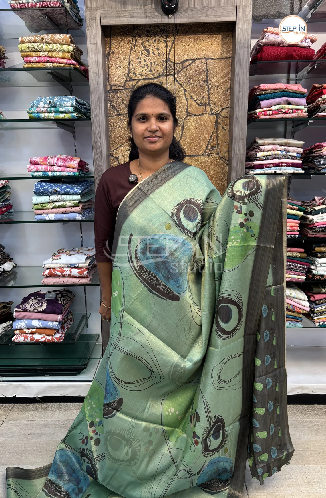 Abstract Printed Khadi Saree-LightGreen