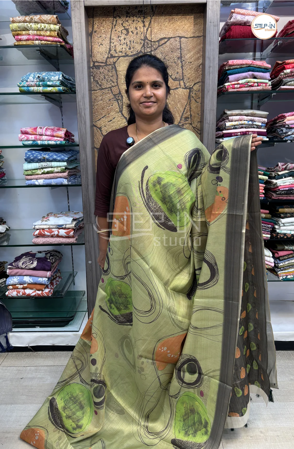 Abstract Printed Khadi Saree-MintGreen