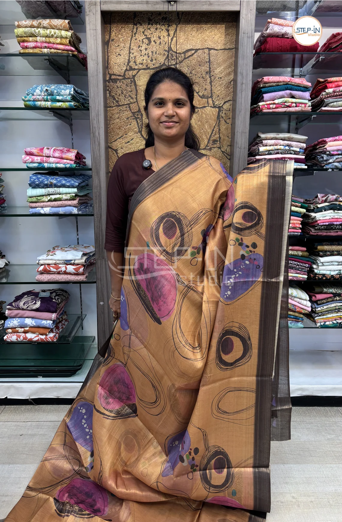 Abstract Printed Khadi Saree-Peach