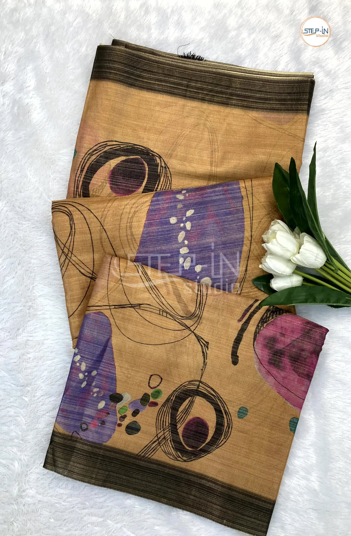 Abstract Printed Khadi Saree-Peach