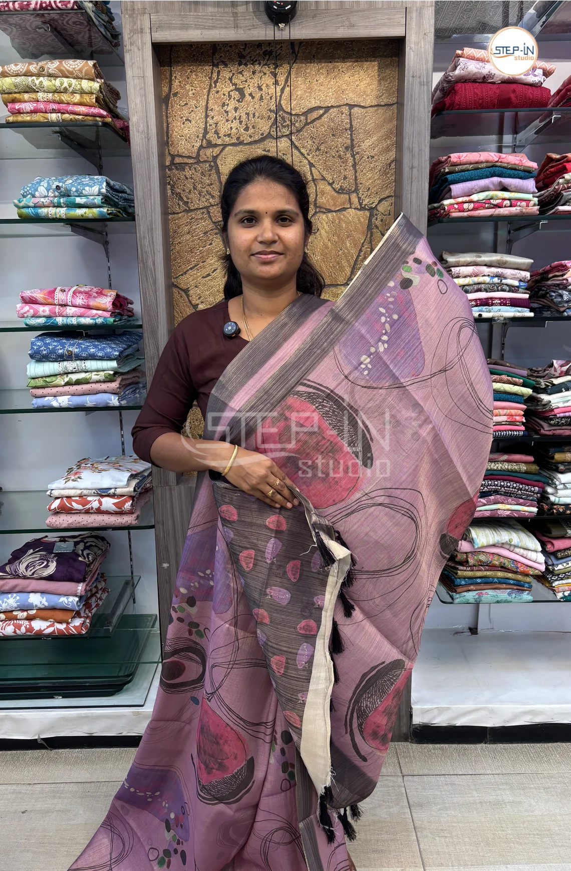 Abstract Printed Khadi Saree-Purple