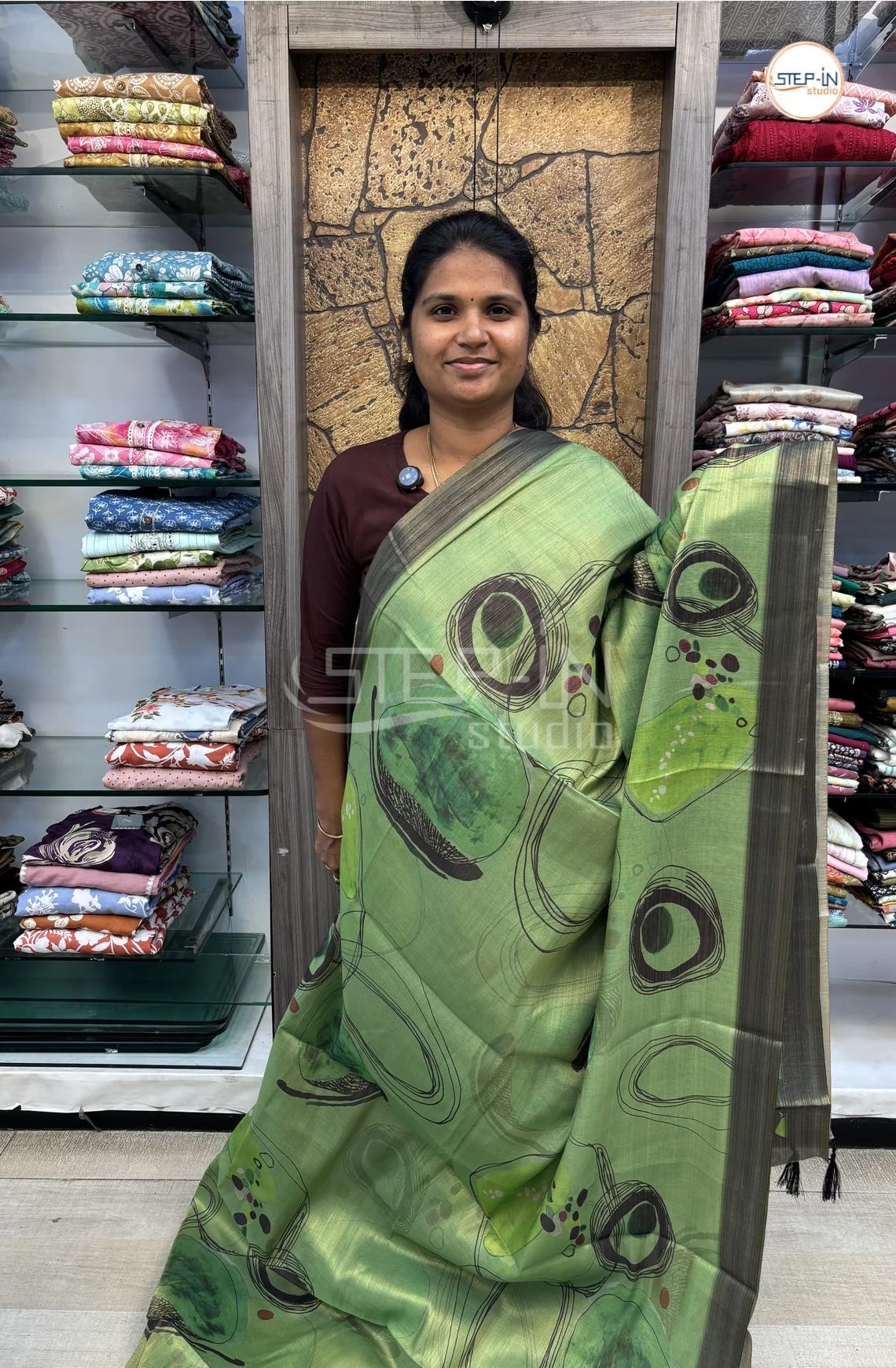 Abstract Printed Khadi Saree-Green