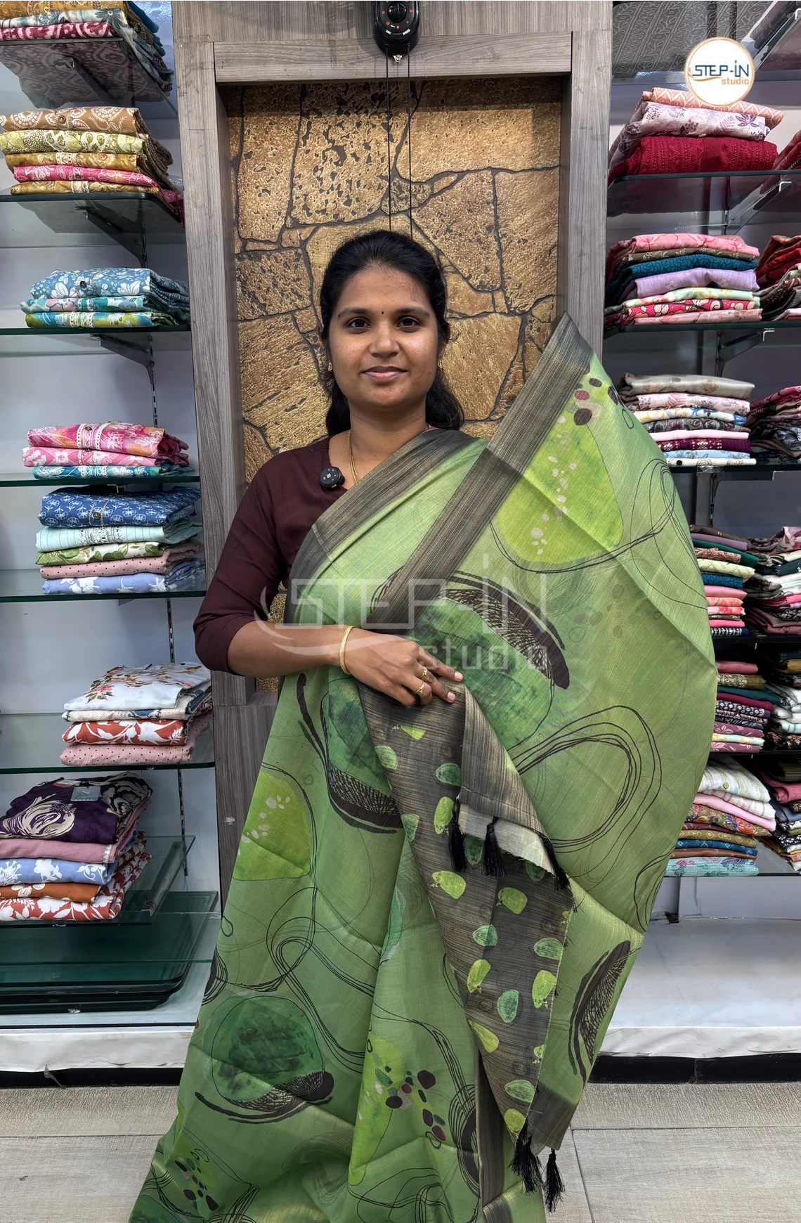 Abstract Printed Khadi Saree-Green