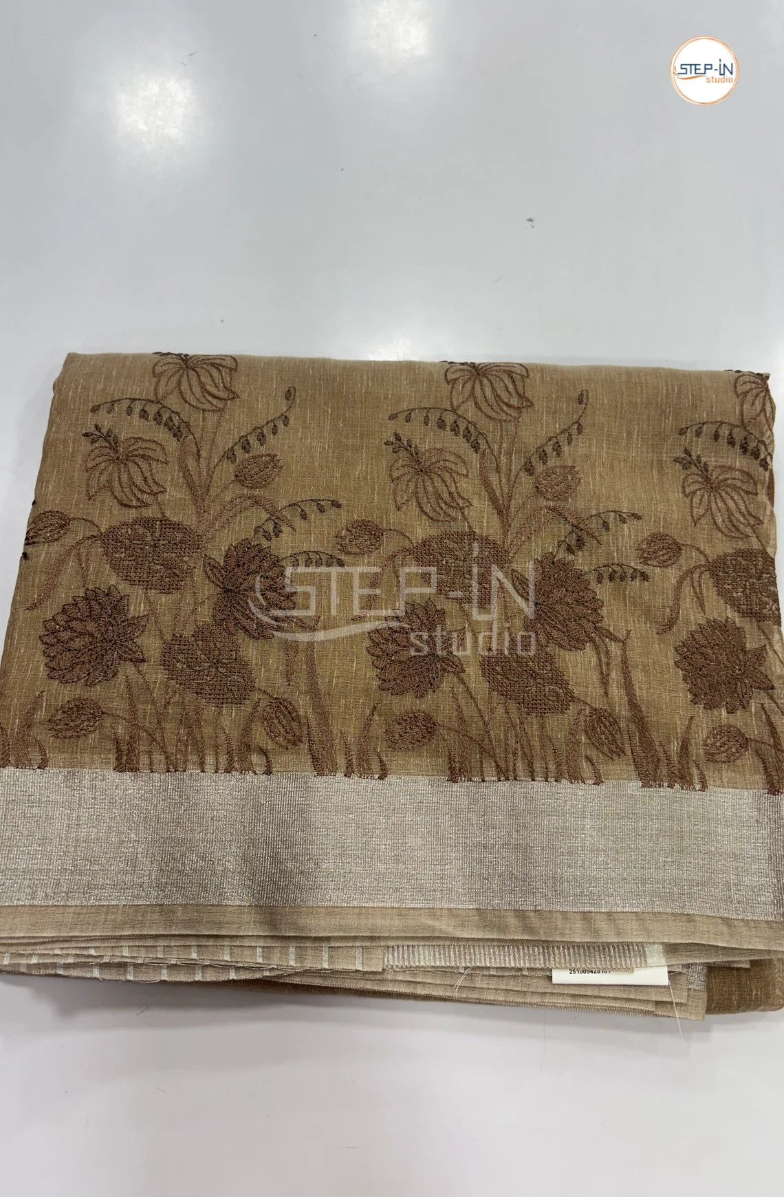Art Linen Tissue Saree with Embroidery - Brown