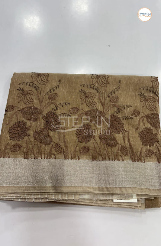 Art Linen Tissue Saree with Embroidery - Brown