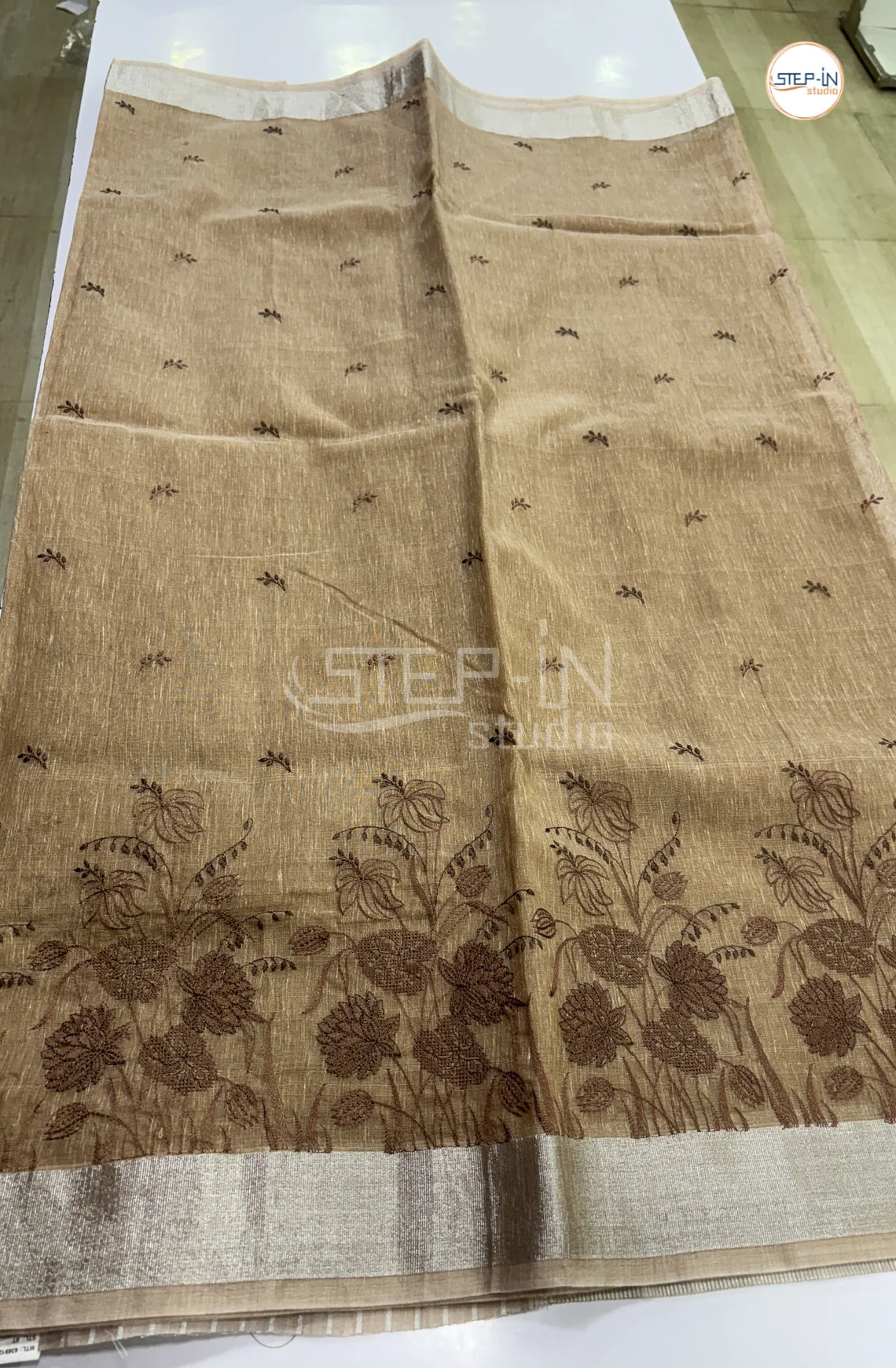 Art Linen Tissue Saree with Embroidery - Brown