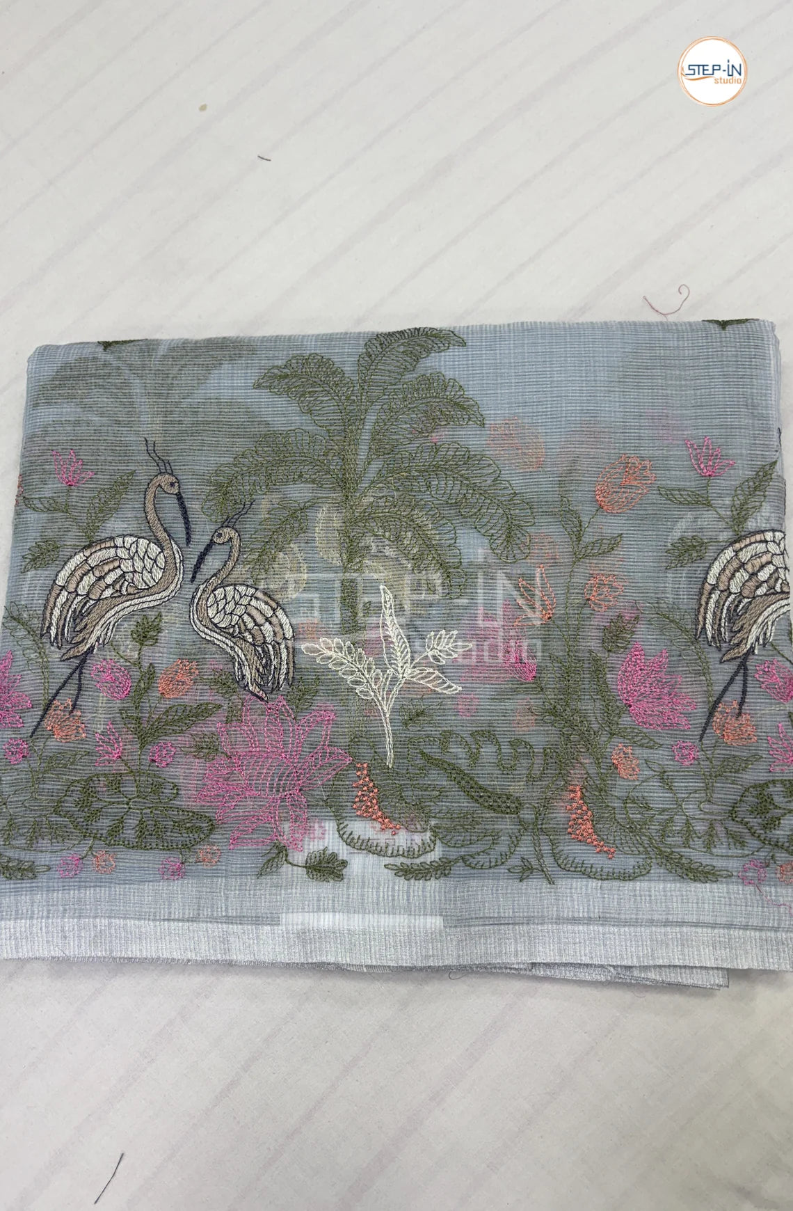 Art Linen Tissu Saree with Embroidery - Ice Blue