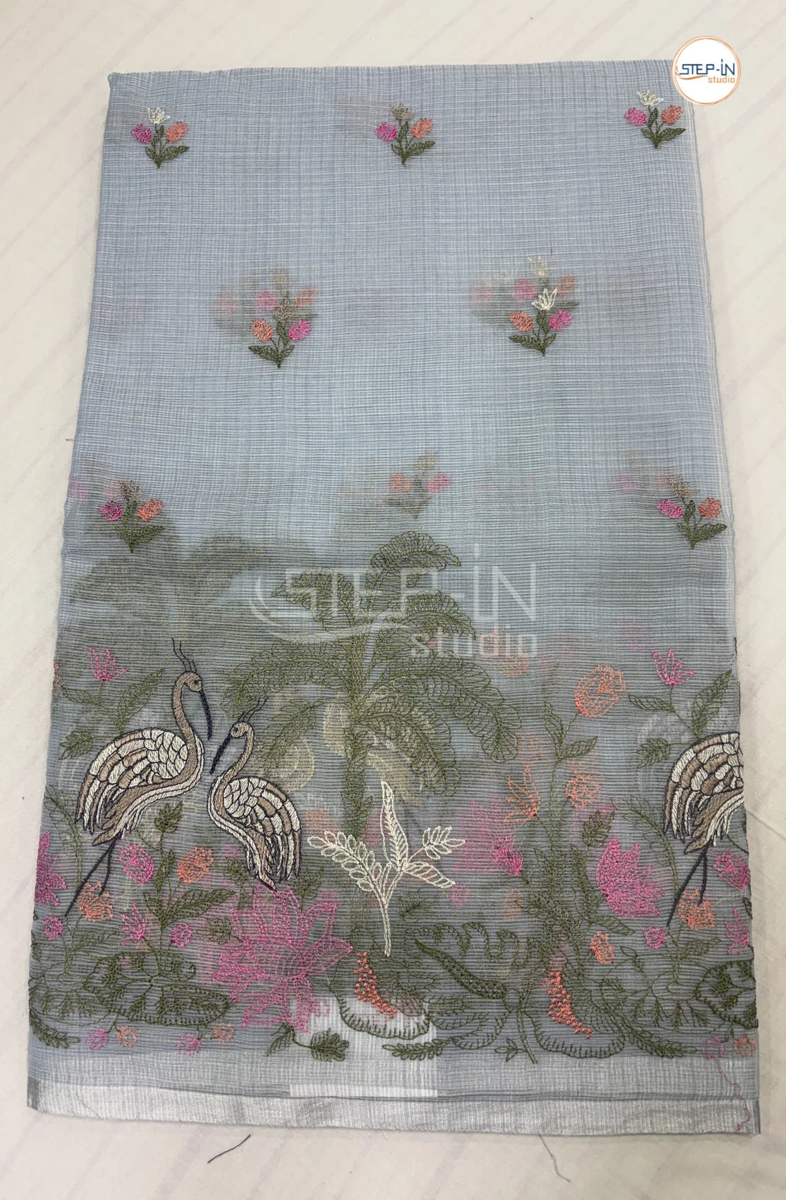 Art Linen Tissu Saree with Embroidery - Ice Blue