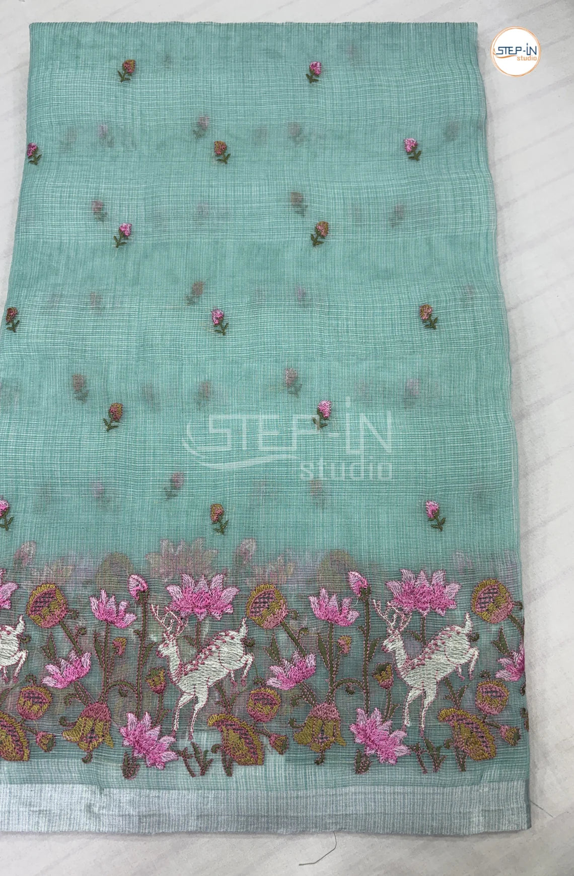 Art Linen Tissue Saree with Embroidery - Sea Blue