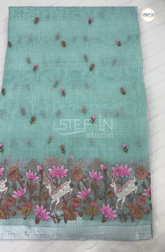 Art Linen Tissue Saree with Embroidery - Sea Blue