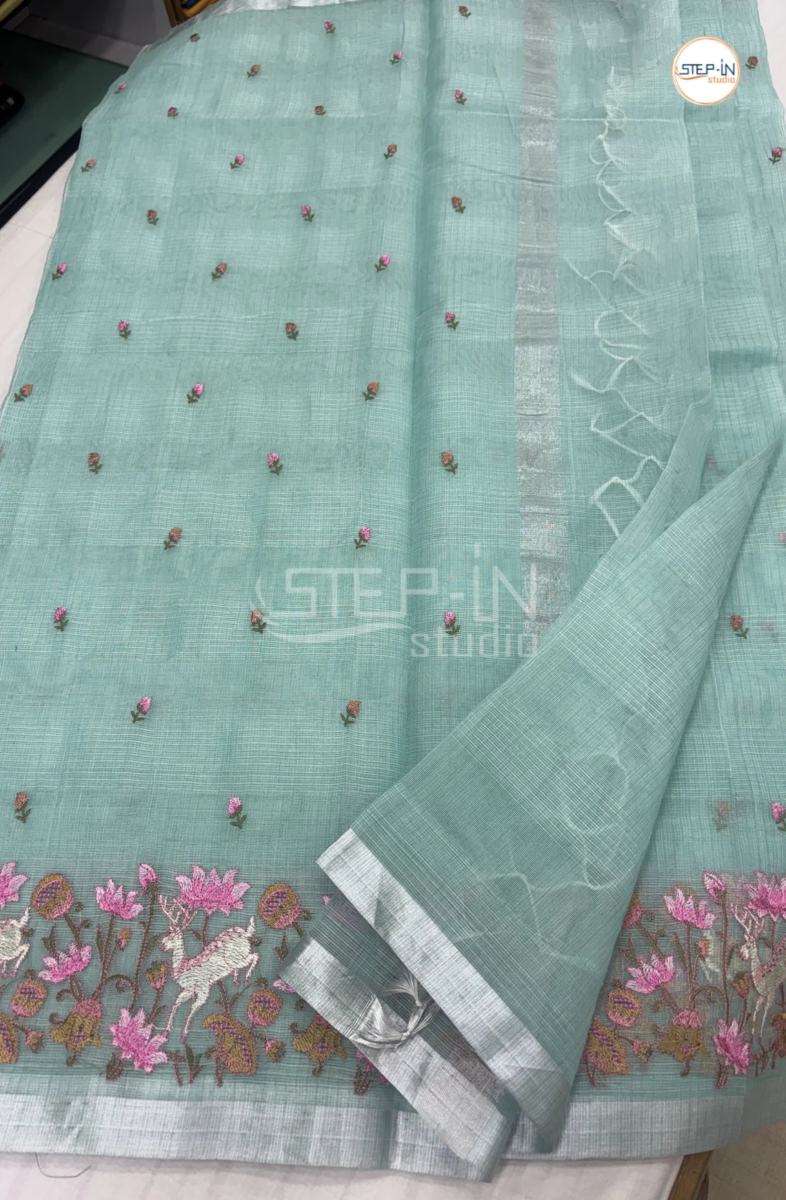 Art Linen Tissue Saree with Embroidery - Sea Blue