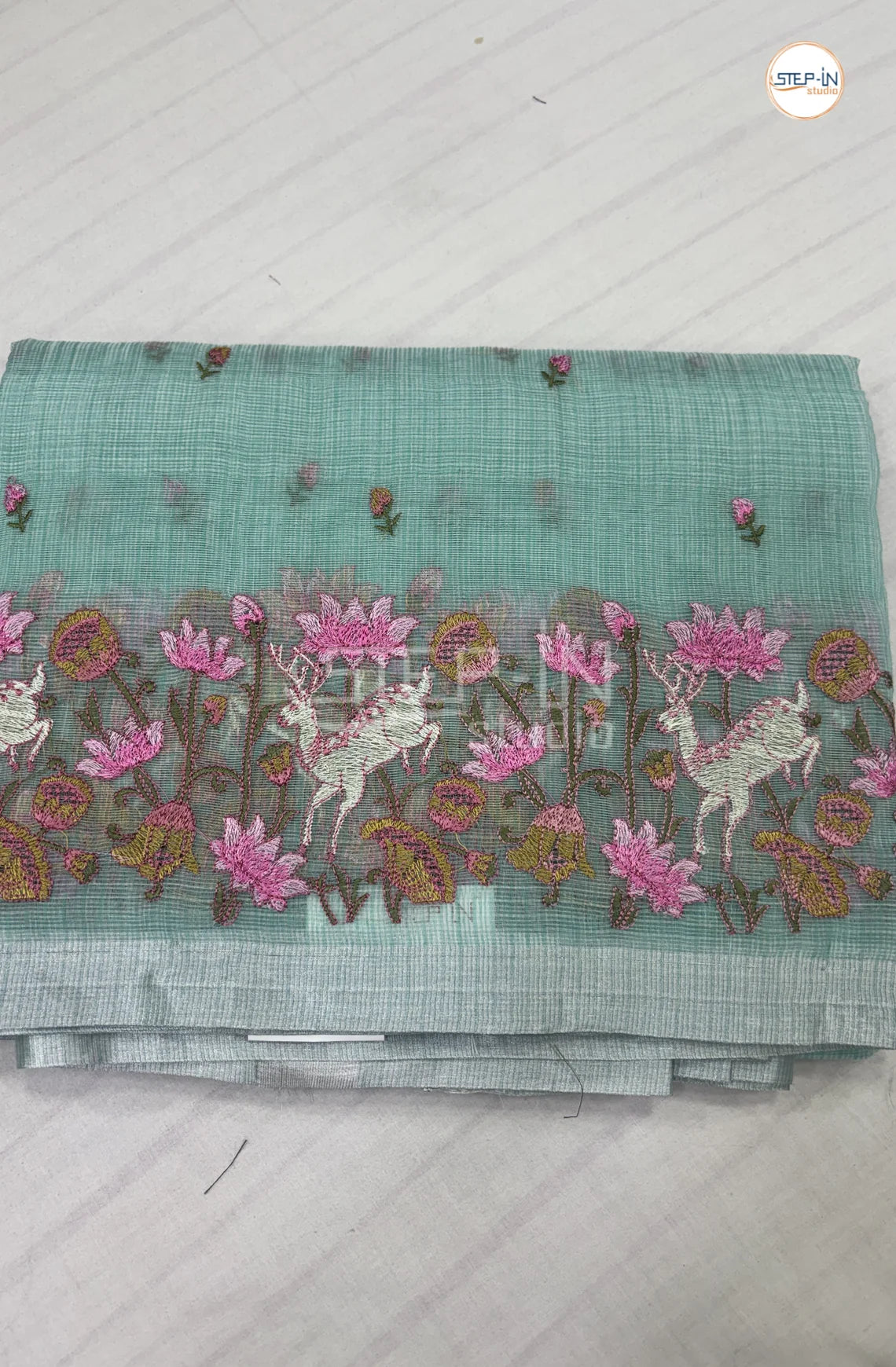 Art Linen Tissue Saree with Embroidery - Sea Blue