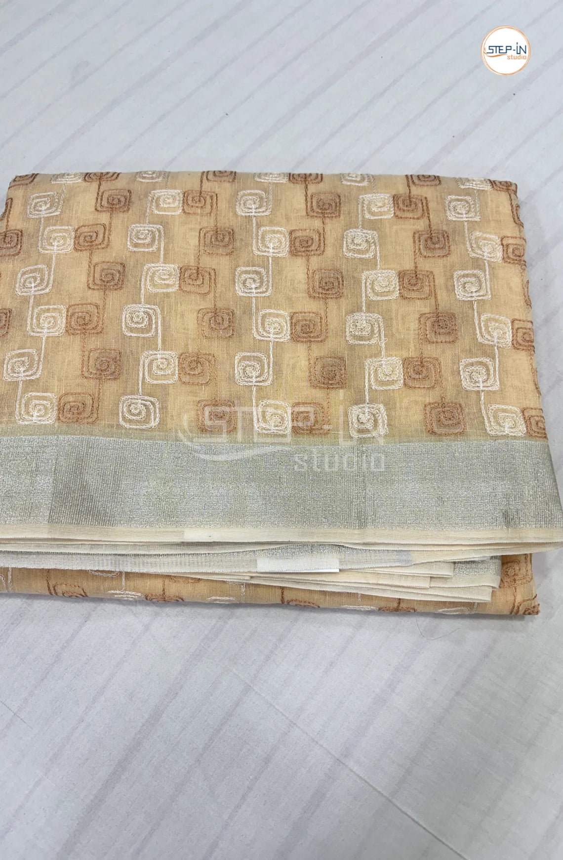 Art Linen Tissue Saree with Embroidery - Beige