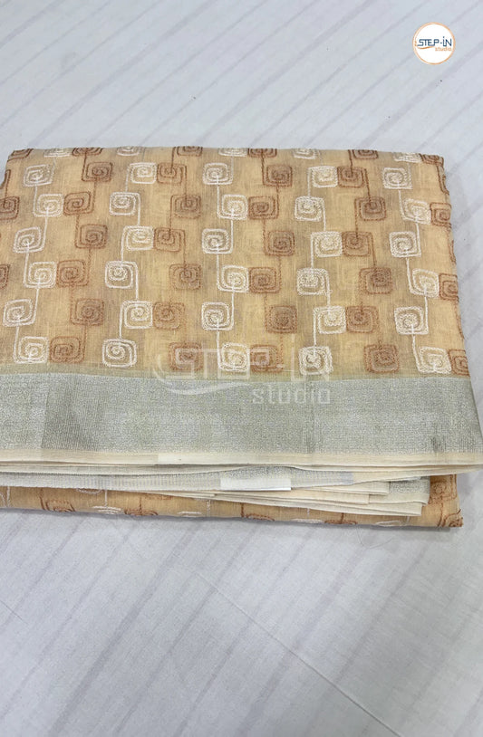 Art Linen Tissue Saree with Embroidery - Beige