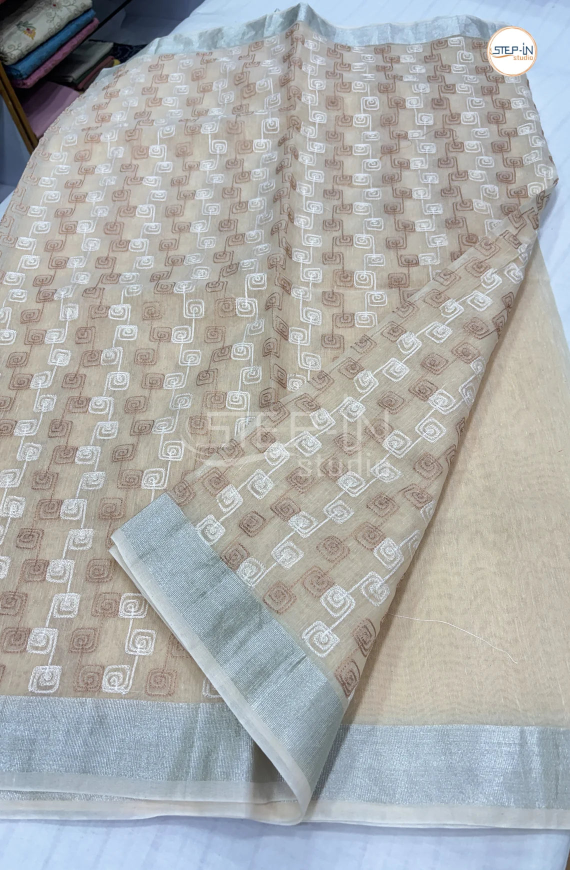 Art Linen Tissue Saree with Embroidery - Beige