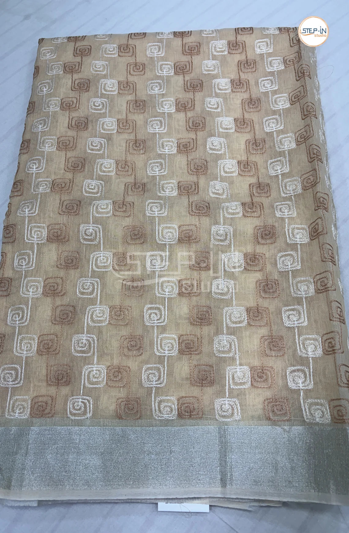 Art Linen Tissue Saree with Embroidery - Beige