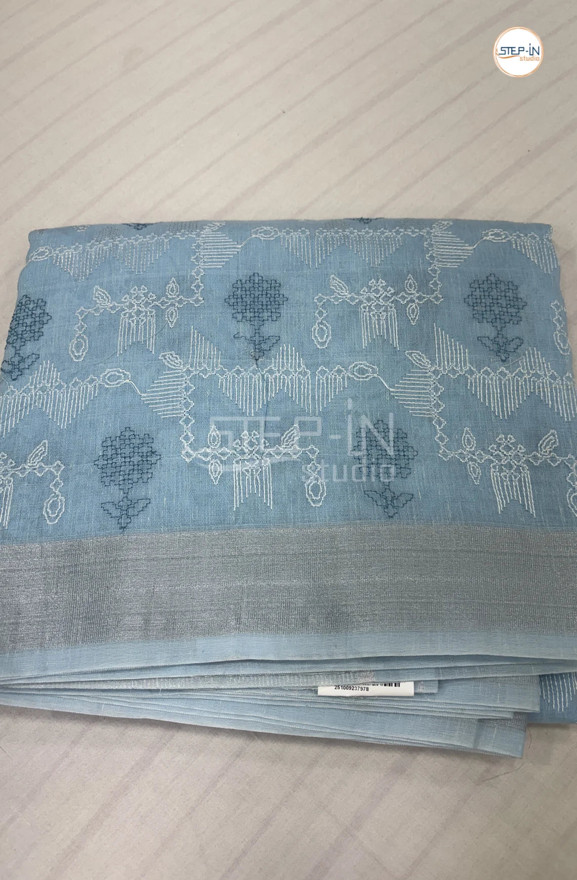 Art Linen Tissue Saree with Embroidery - Blue
