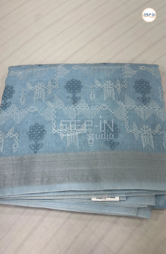 Art Linen Tissue Saree with Embroidery - Blue