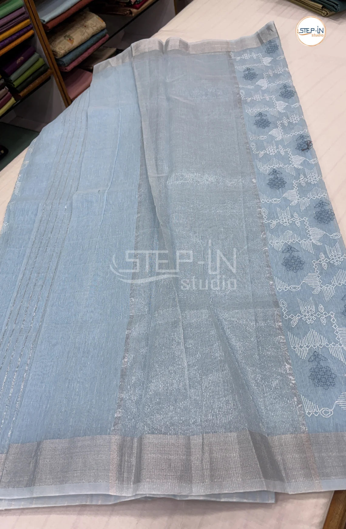 Art Linen Tissue Saree with Embroidery - Blue