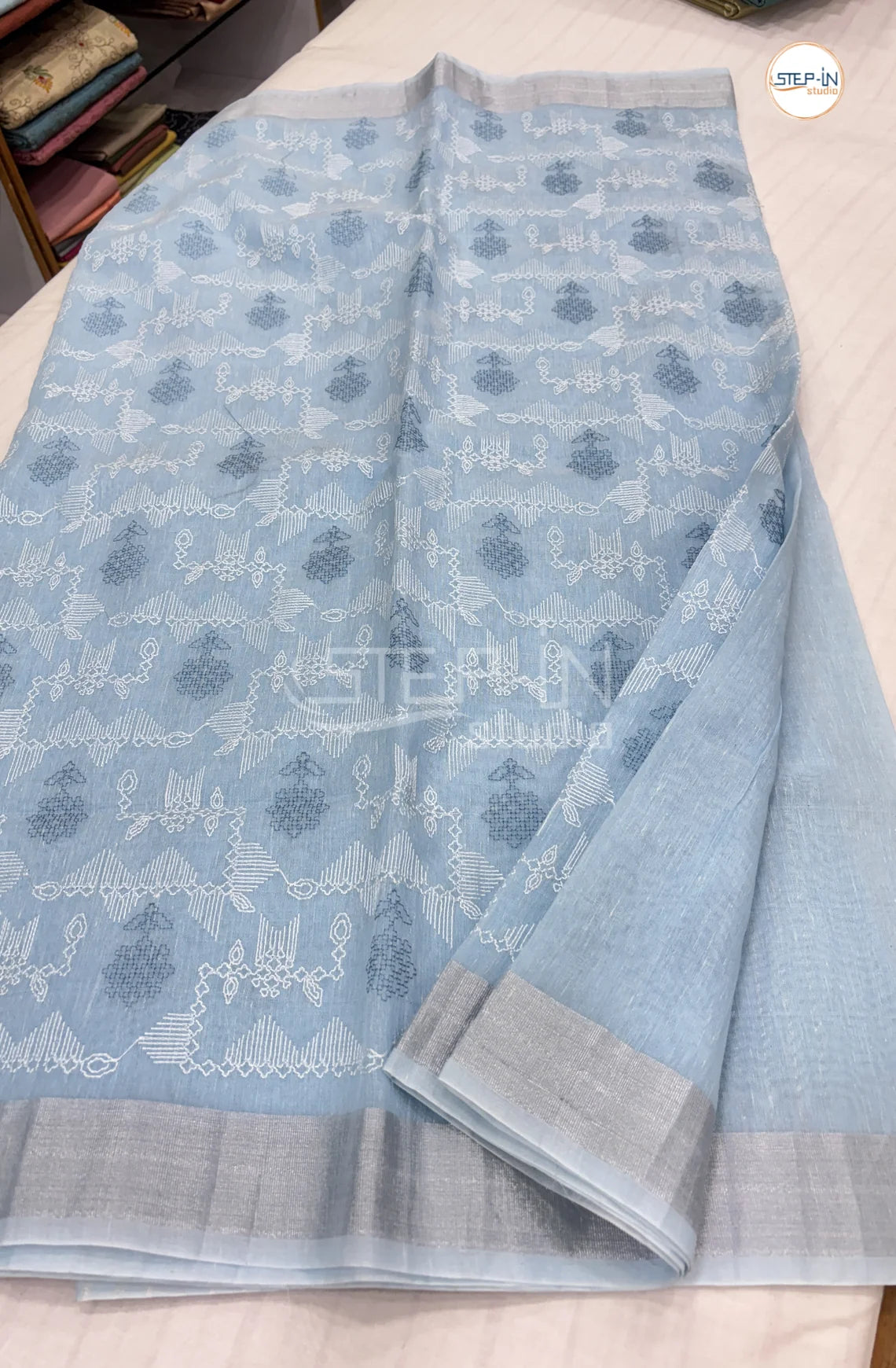 Art Linen Tissue Saree with Embroidery - Blue