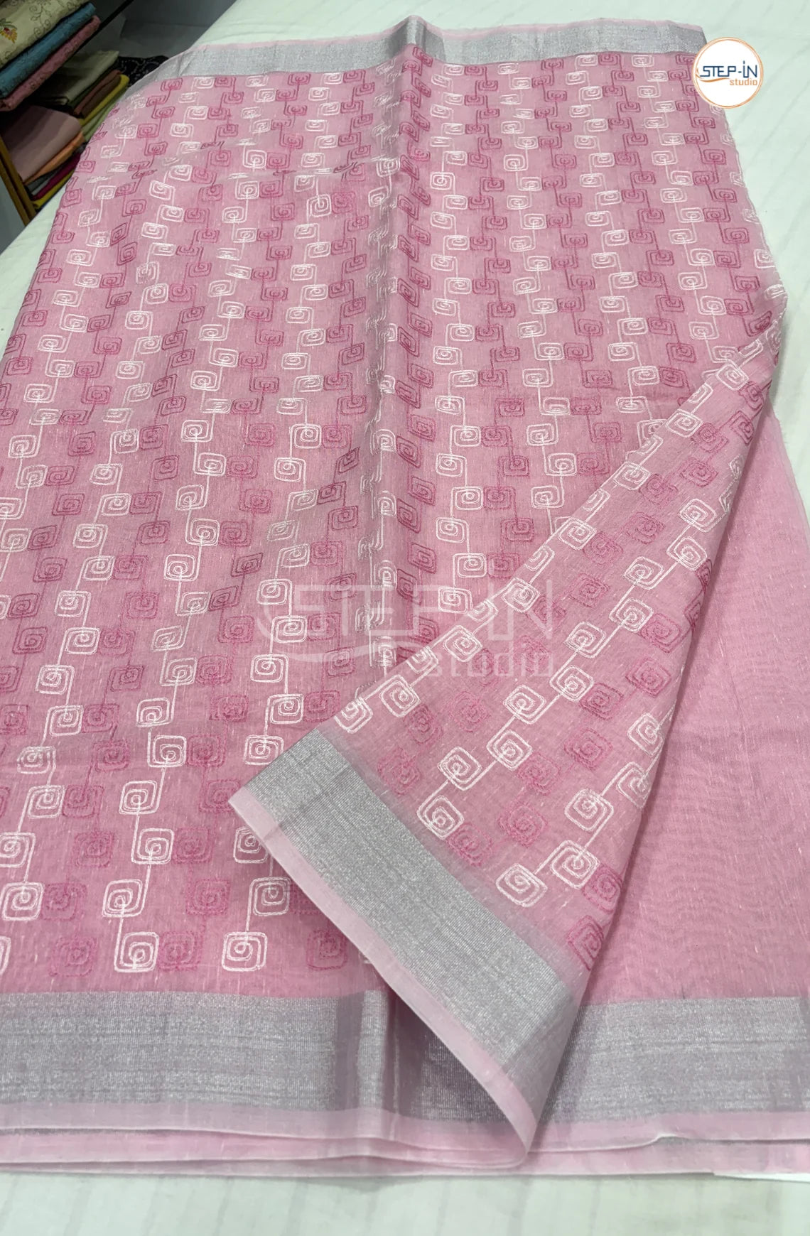 Art Linen Tissue Saree with Embroidery -Light Pink