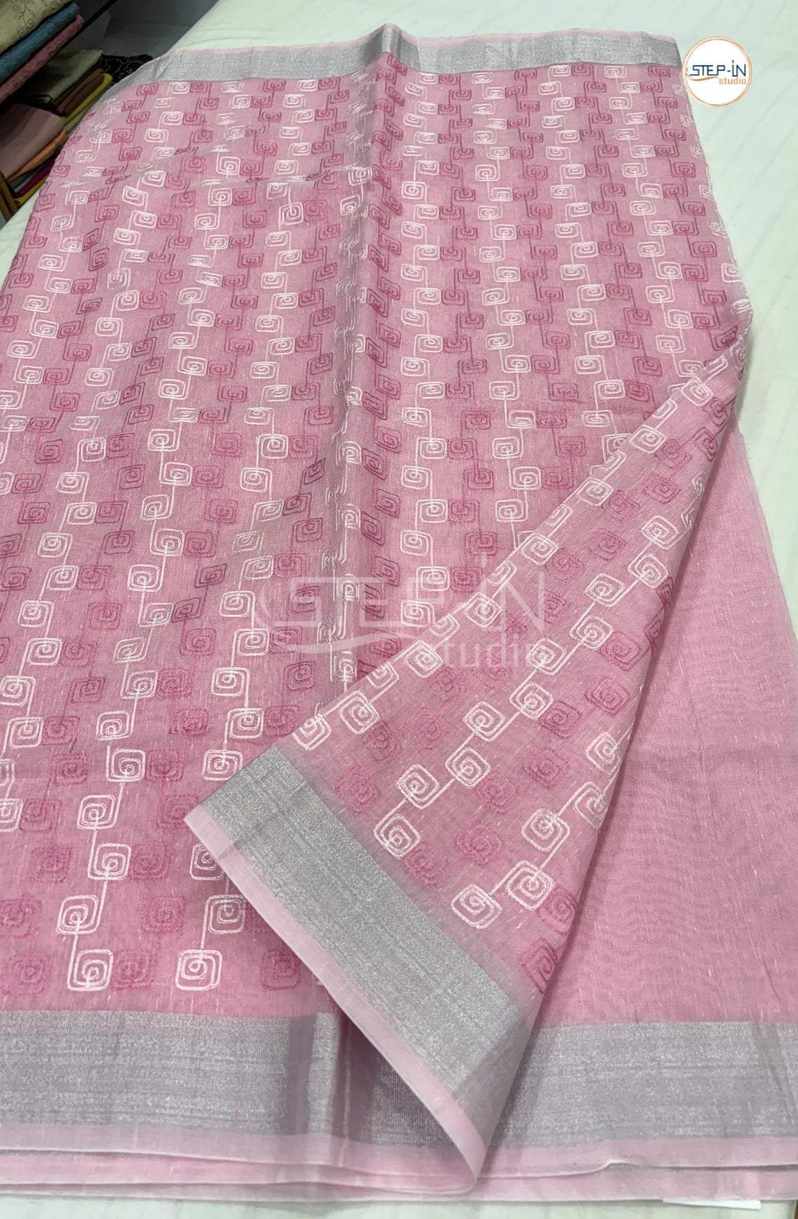 Art Linen Tissue Saree with Embroidery -Light Pink
