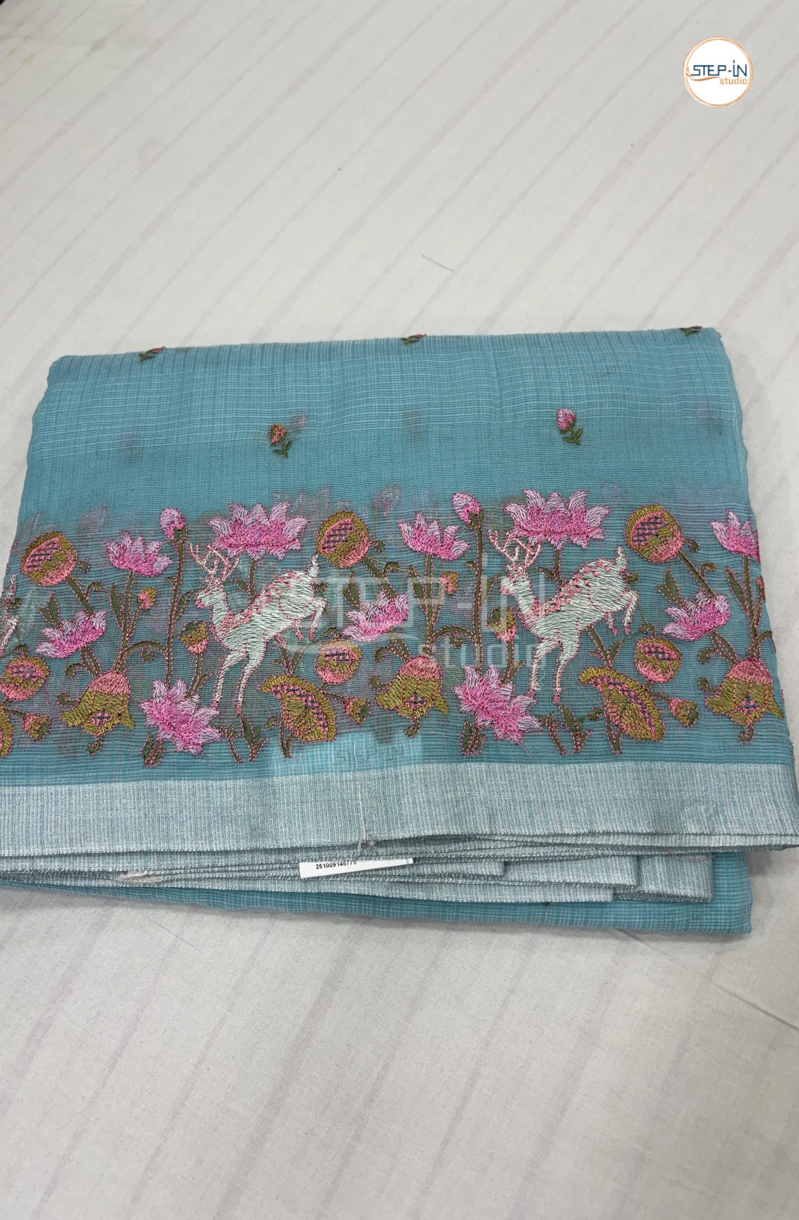 Art Linen Tissue Saree with Embroidery -Mint Blue
