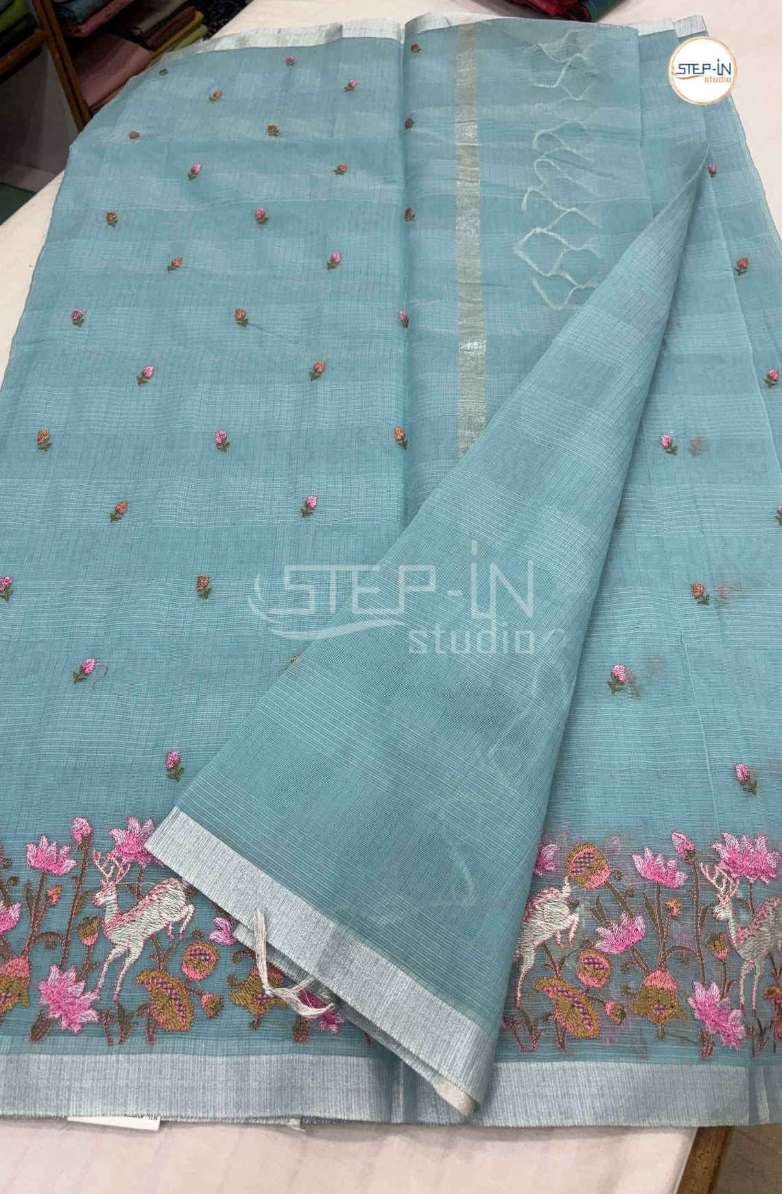 Art Linen Tissue Saree with Embroidery -Mint Blue