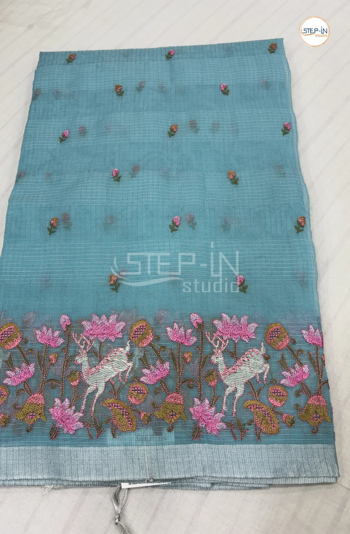 Art Linen Tissue Saree with Embroidery -Mint Blue