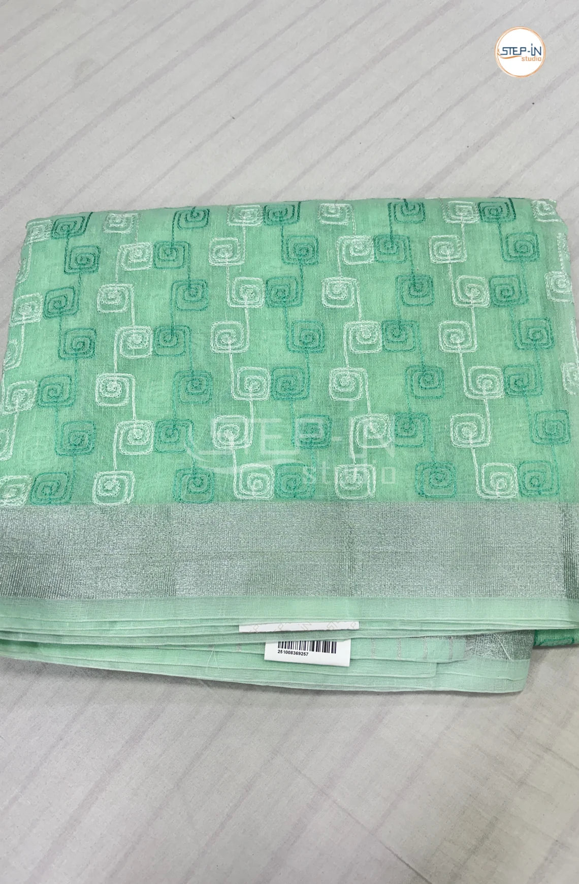 Art Linen Tissue Saree with Embroidery - Mint Green
