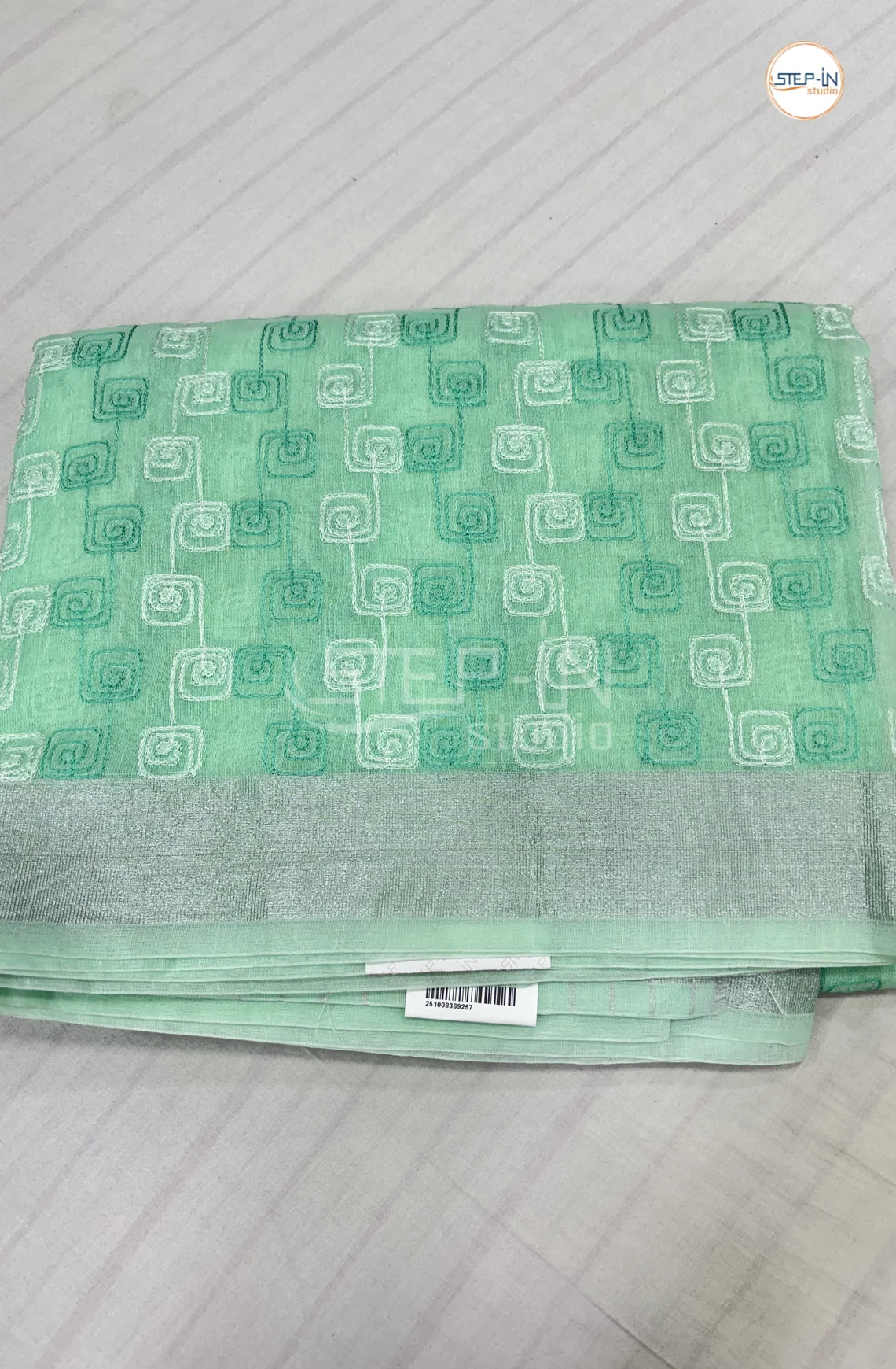 Art Linen Tissue Saree with Embroidery - Mint Green