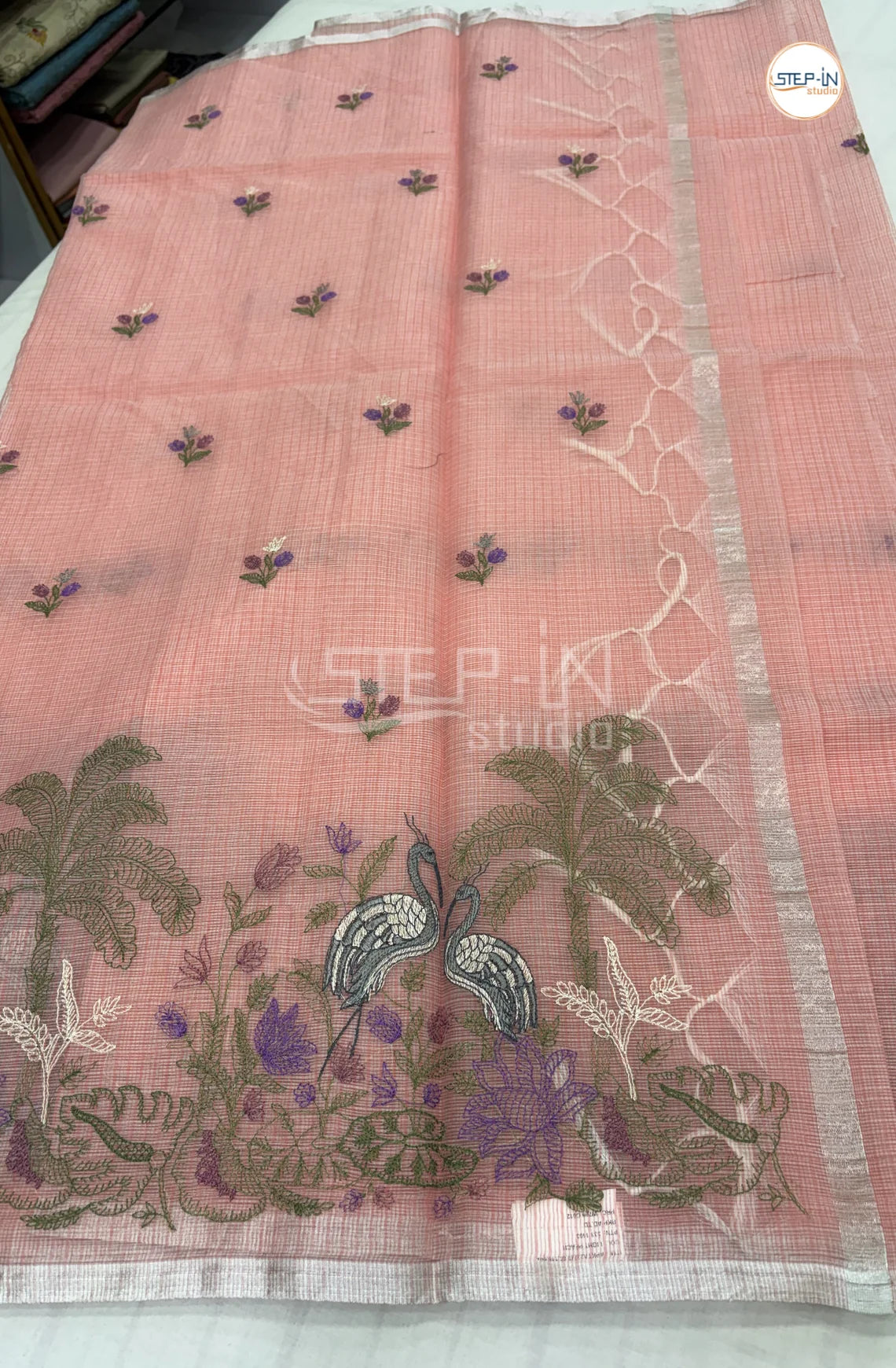 Art Linen Tissue Saree with Embroidery - Onion Pink