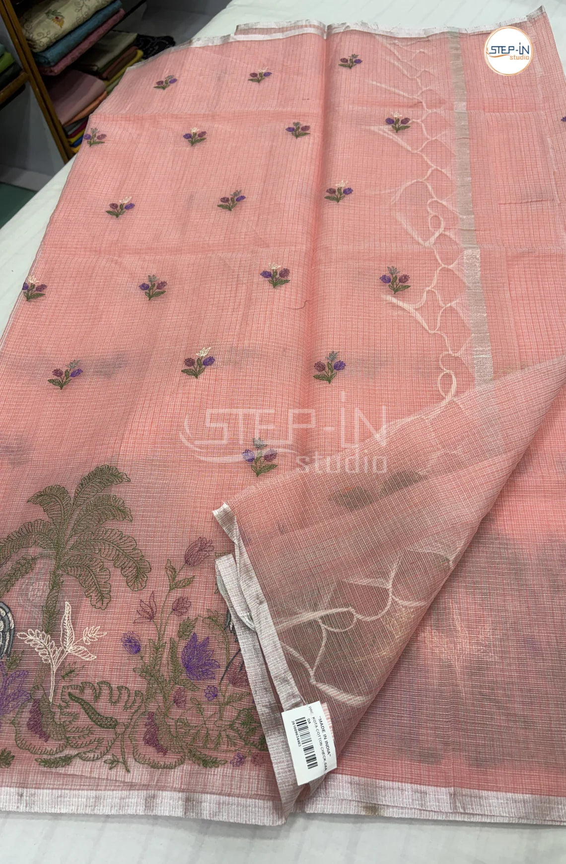 Art Linen Tissue Saree with Embroidery - Onion Pink