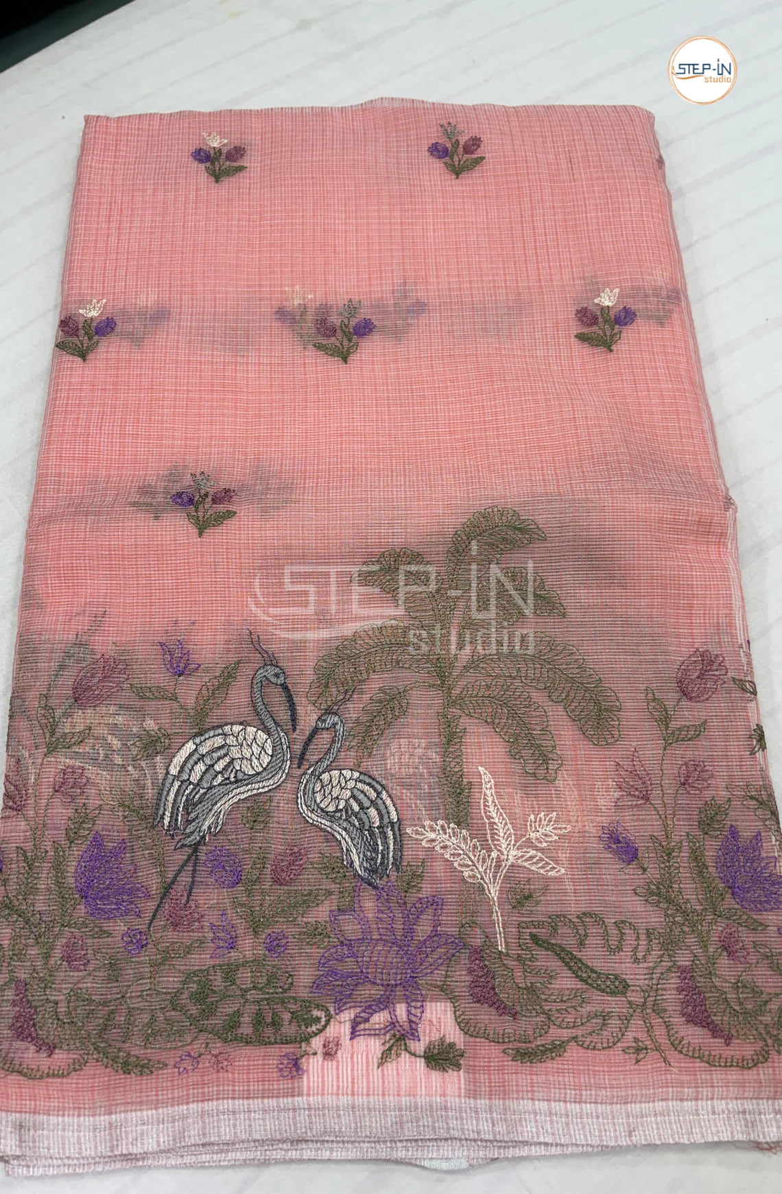 Art Linen Tissue Saree with Embroidery - Onion Pink