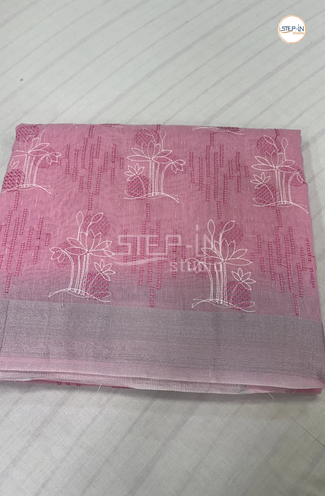 Art Linen Tissue Saree with Embroidery - Rose Pink