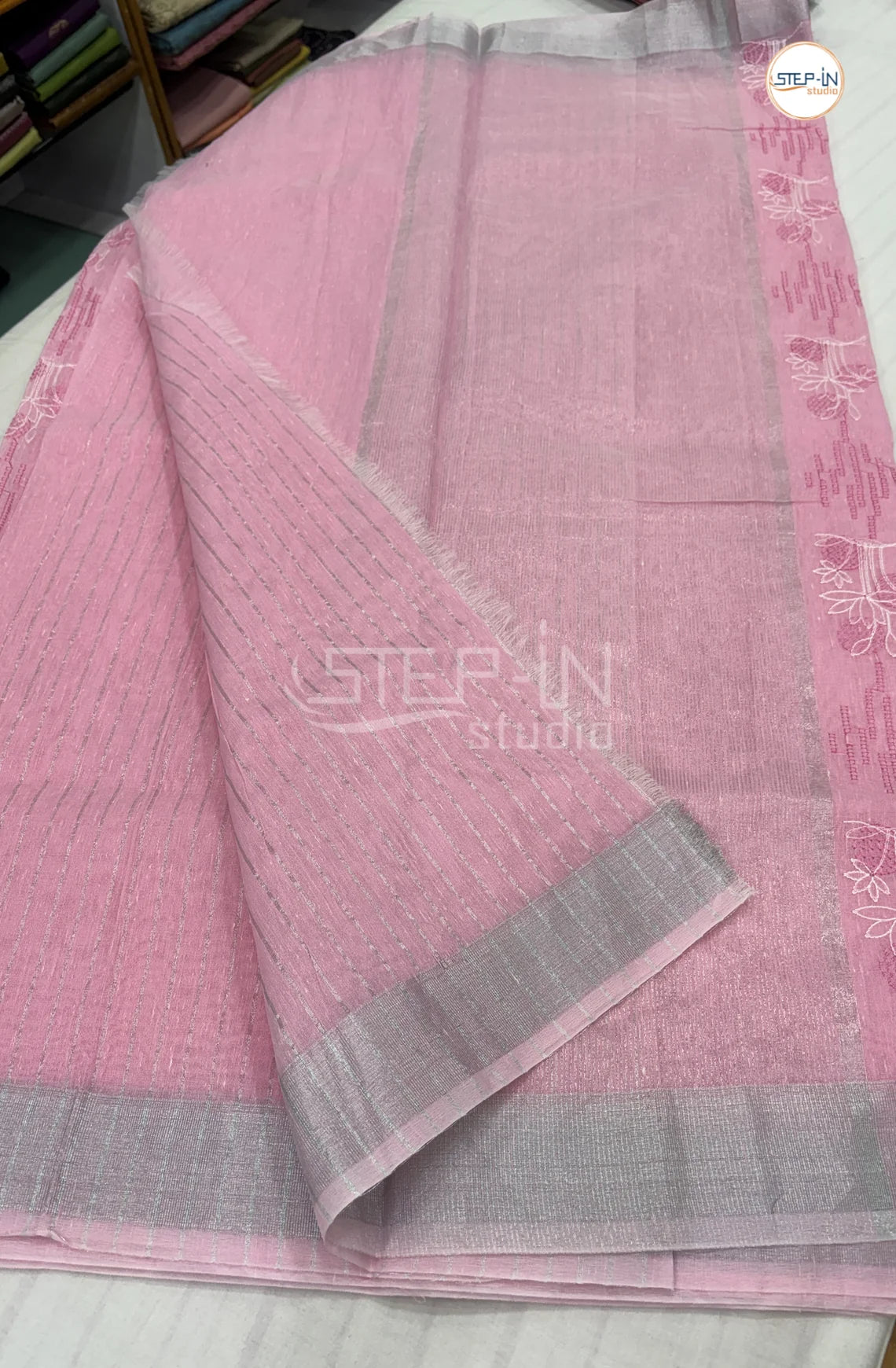 Art Linen Tissue Saree with Embroidery - Rose Pink