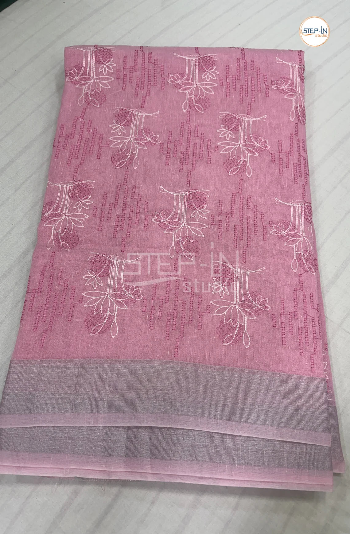 Art Linen Tissue Saree with Embroidery - Rose Pink