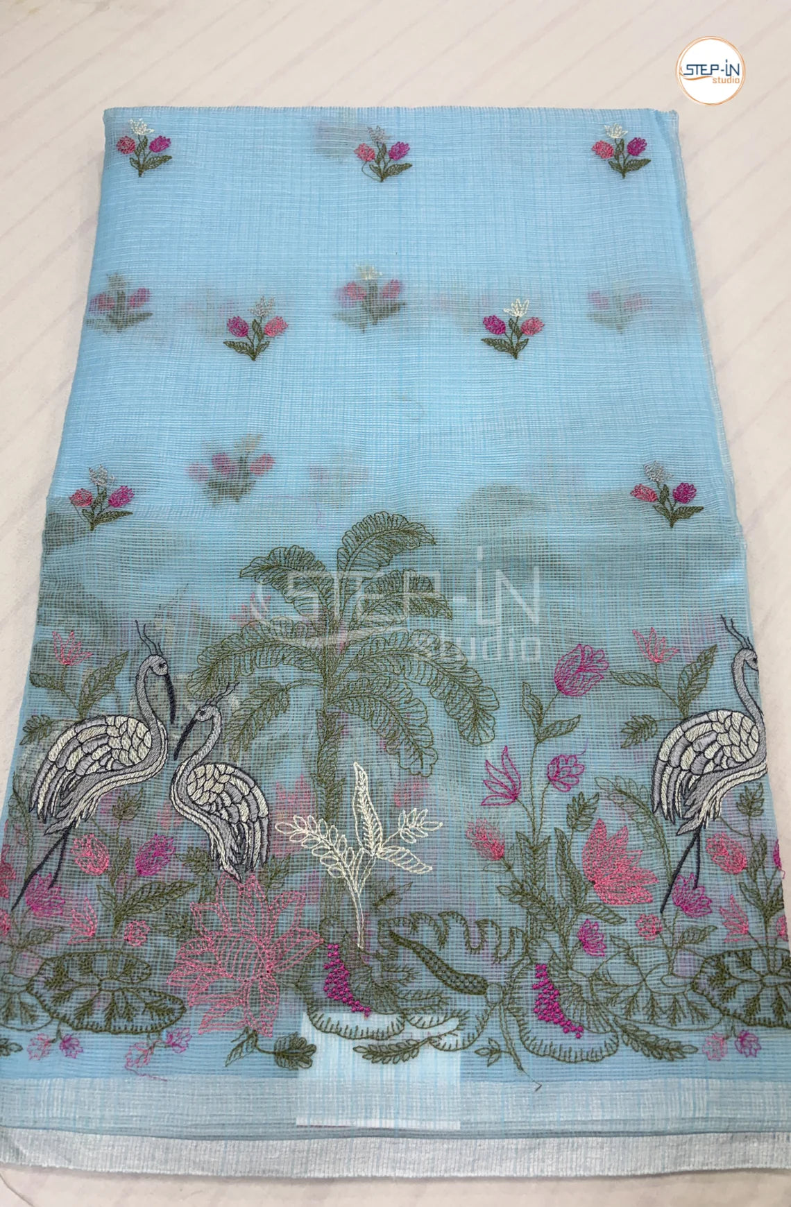 Art Linen Tissue Saree with Embroidery - Sky Blue